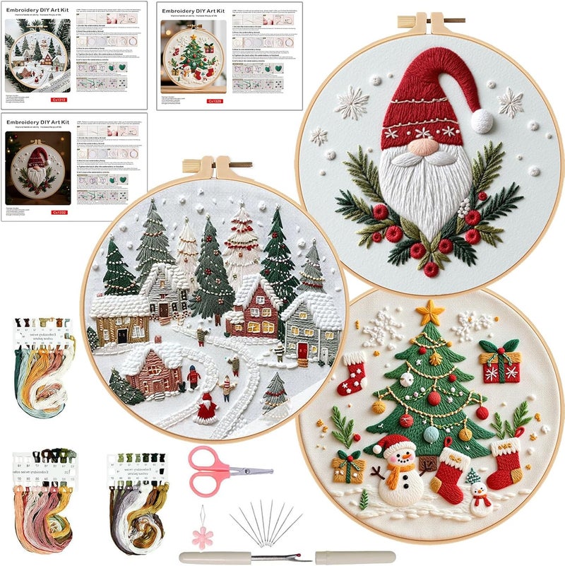 Ohcol 3 Sets Christmas Embroidery Kit,Cross Stitch Kits for Beginners,Needlepoint Kits for Adults with Easy Floral Pattern Hand Crafts,Hoop,Needle - Image 1